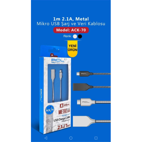 ACL ACK-70 2.1A Metal başlık örgülü micro usb şarj ve data kablosu