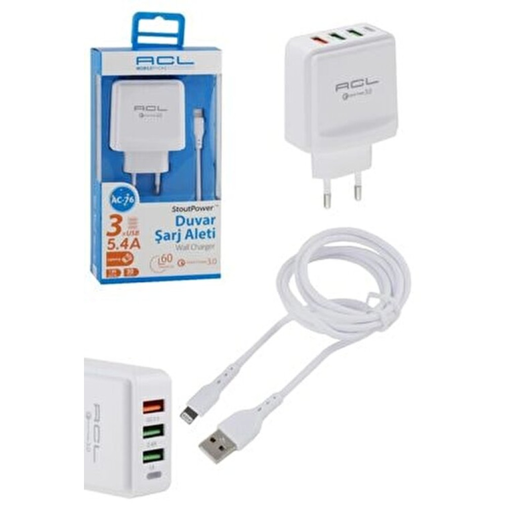 ACL AC-76 5.4A 3x USB Hızlı Şarj Aleti Set Lightning iPHONE