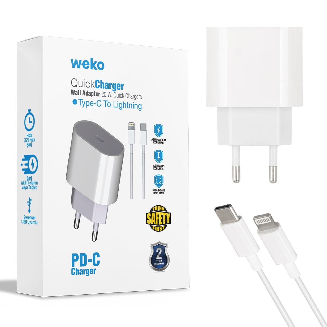 WEKO WK-21443 PD-C 20 Watt Lighting Apple Iphone Ev Tipi Şarj Aleti Set