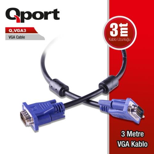 Qport Q-Vga3 3 Metre VGA Kablo - 15 Pin (M)/(M) Monitör Kablosu