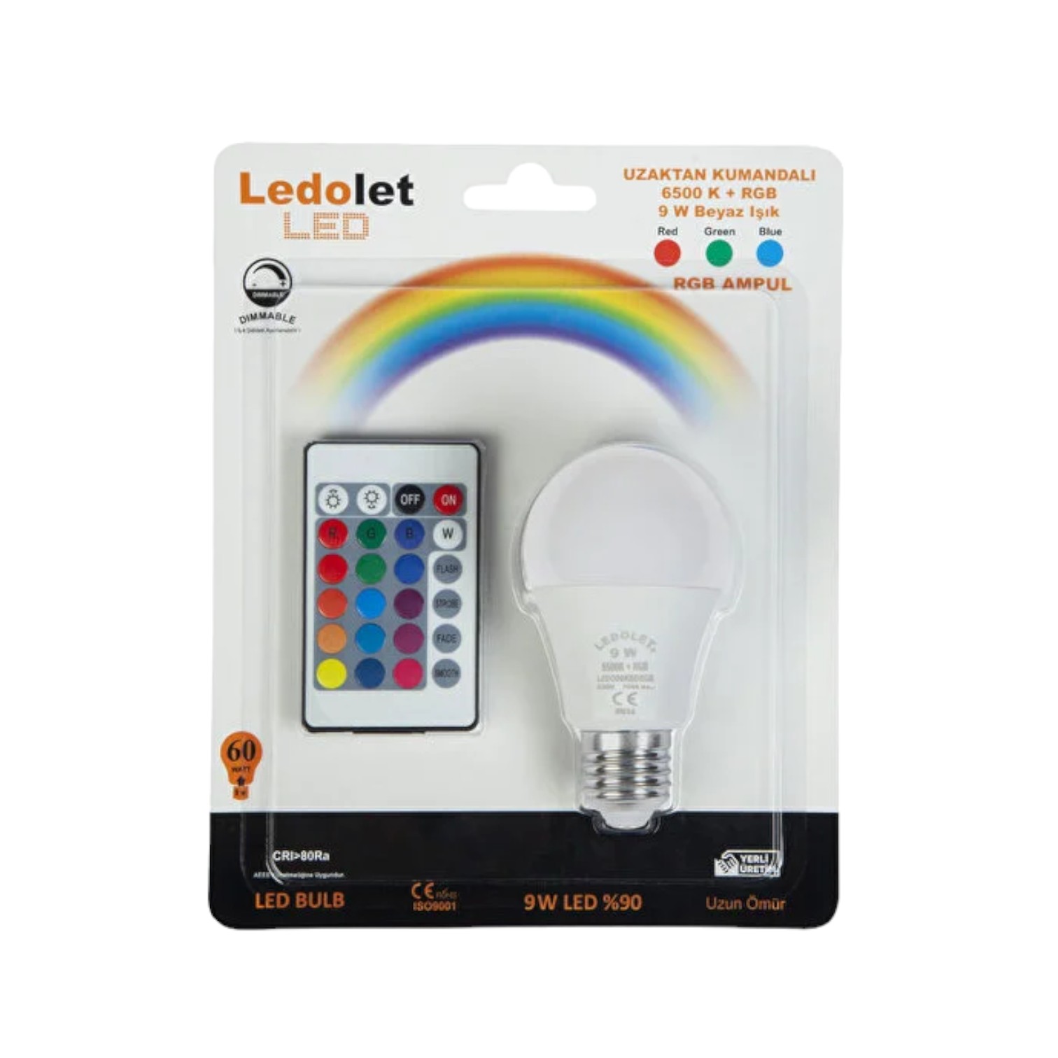 Ledolet Kumandalı Rgb LED Ampul 9 W Renk Değiştiren Işık E27