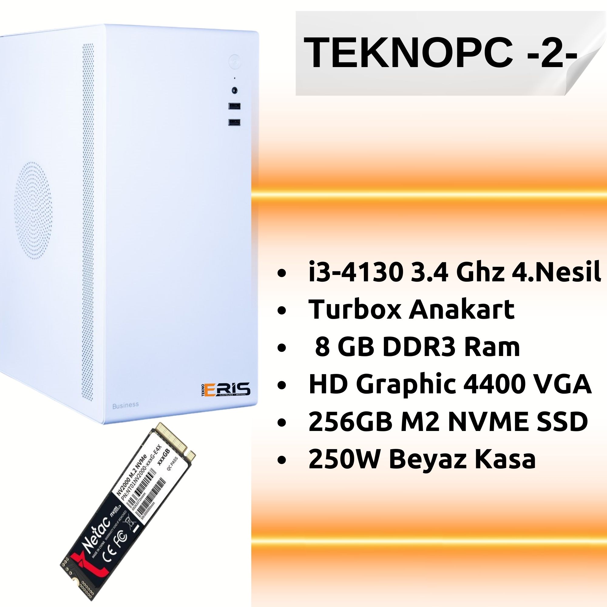 TEKNOPC 2 Ofis Bilgisayarı | Intel i3-4130 İşlemci, 8 GB DDR3 RAM, 256 GB NVMe M.2 SSD | Sıfır Yüksek Performanslı Bilgisayar