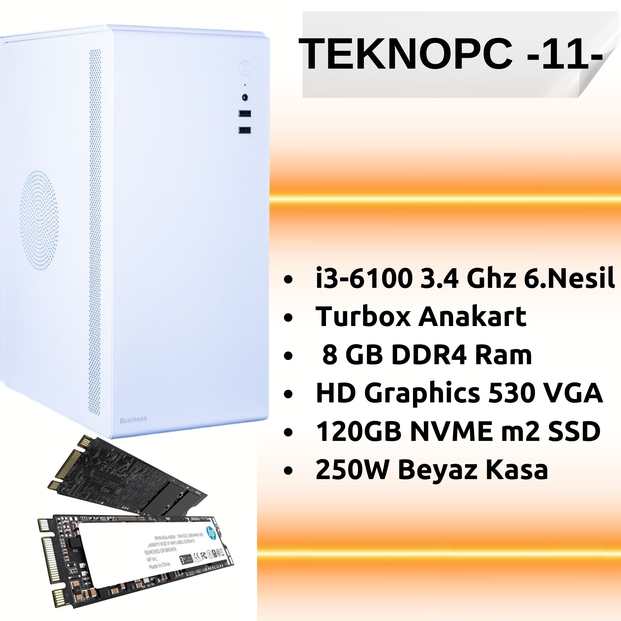 TEKNOPC 11 Ofis Bilgisayarı | Intel i3-6100 İşlemci, 8 GB DDR4 RAM, 120 GB NVMe M.2 SSD | Sıfır Yüksek Performanslı Bilgisayar