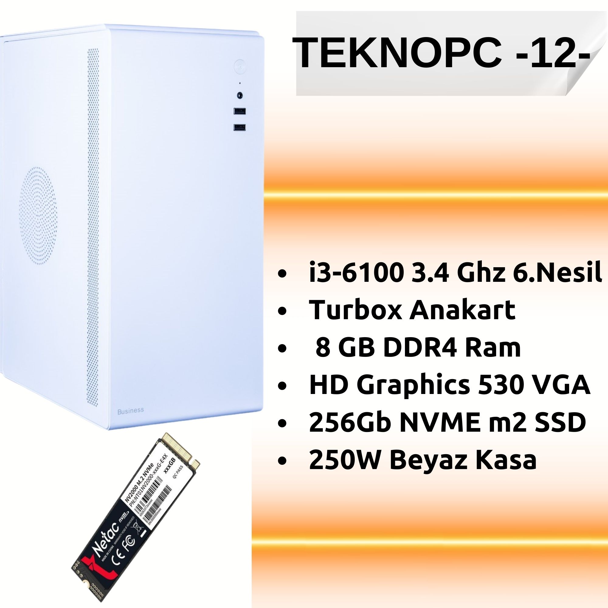 TEKNOPC 12 Ofis Bilgisayarı | Intel i3-6100 İşlemci, 8 GB DDR4 RAM, 256 GB NVMe M.2 SSD | Sıfır Yüksek Performanslı Bilgisayar