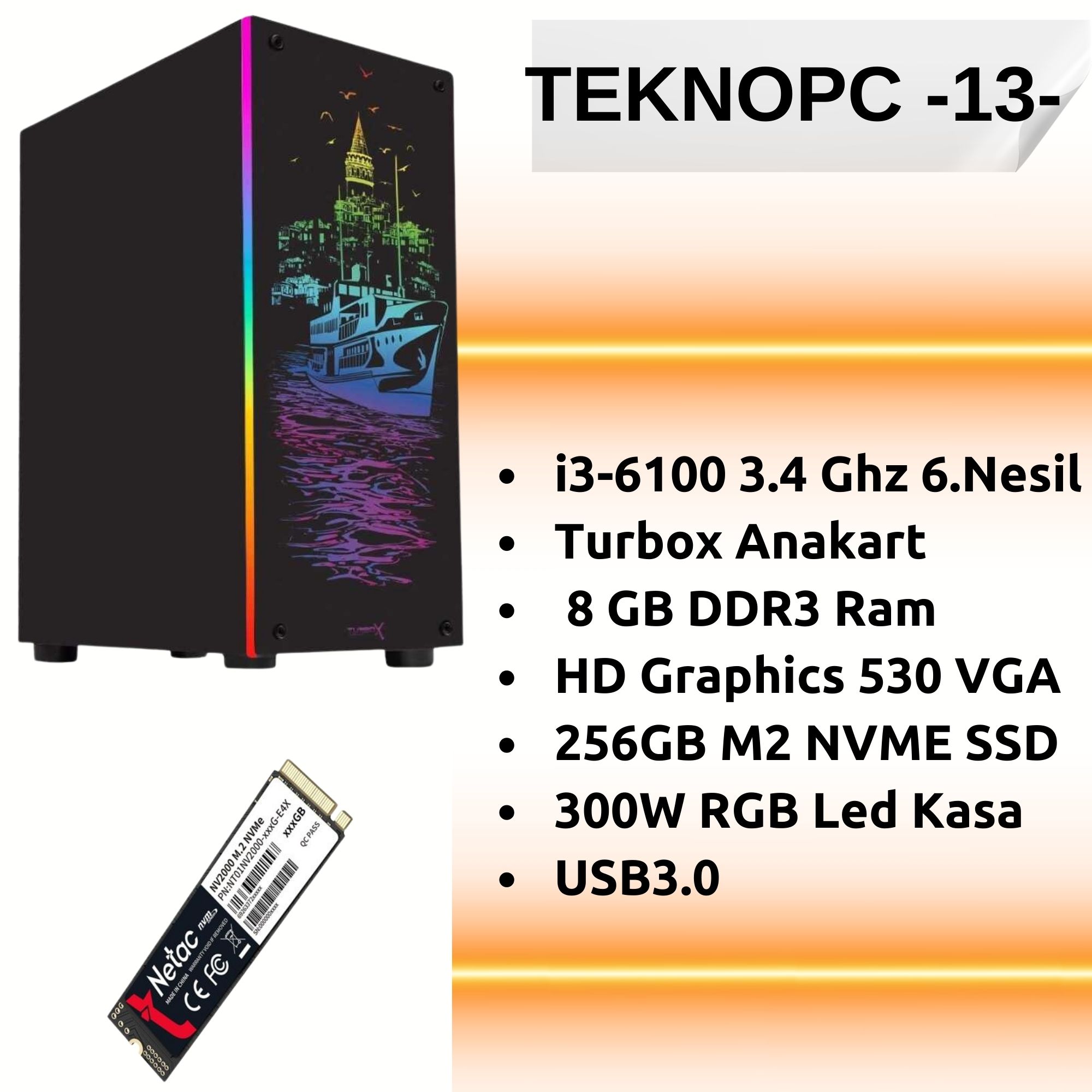 TEKNOPC RGB Ledli Ofis Bilgisayarı | Intel i3-6100 İşlemci, 8 GB DDR4 RAM, 256 GB NVMe M.2 SSD | Yüksek Performanslı Bilgisayar